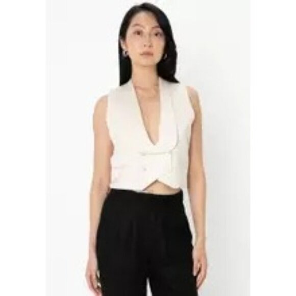 Zara Size XS Beige Double Breasted Tuxedo Vest Waistcoat Satin Trim Back Tie - Picture 2 of 12